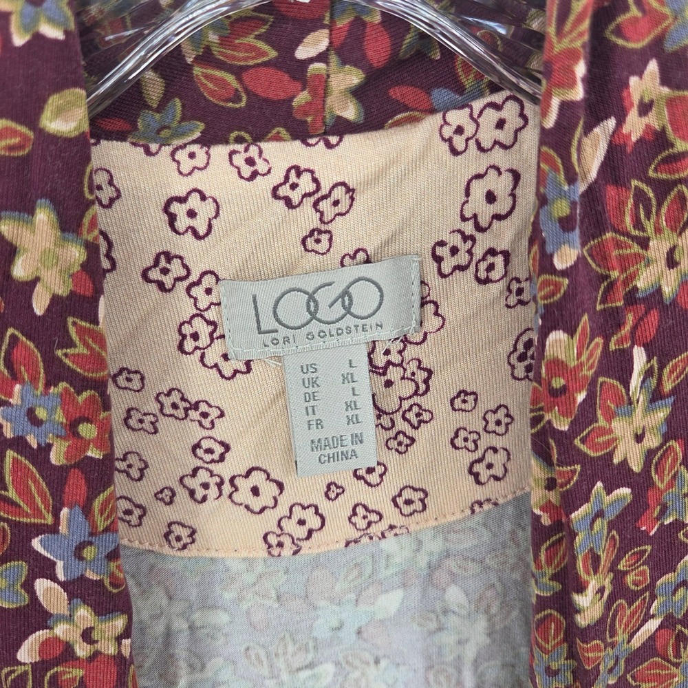 LOGO Lori Goldstein Cardigan L Burgundy Floral Sharkbite Boho Eclectic Aesthetic - Picture 7 of 8